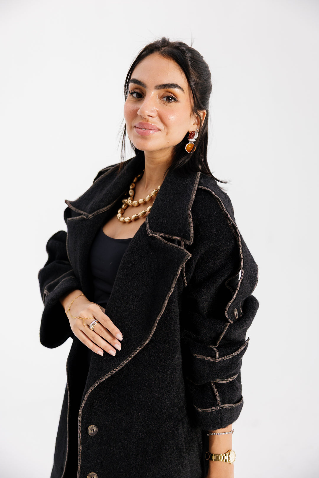 Stitched Wool Coat - Black