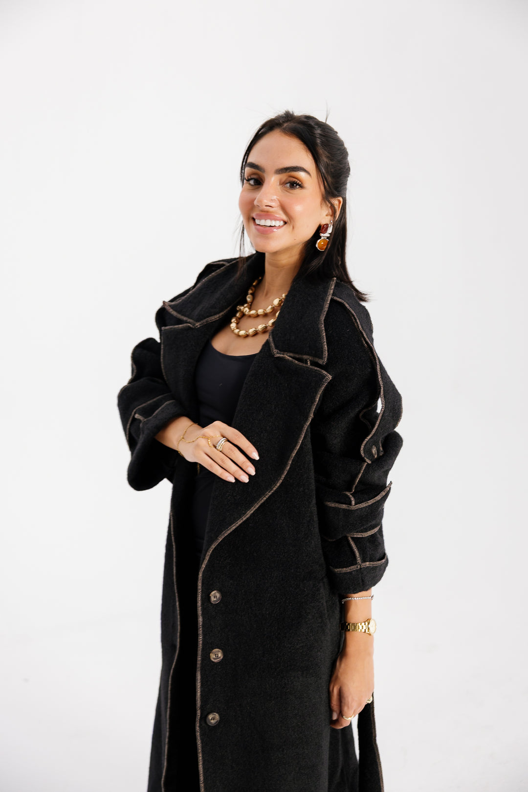 Stitched Wool Coat - Black