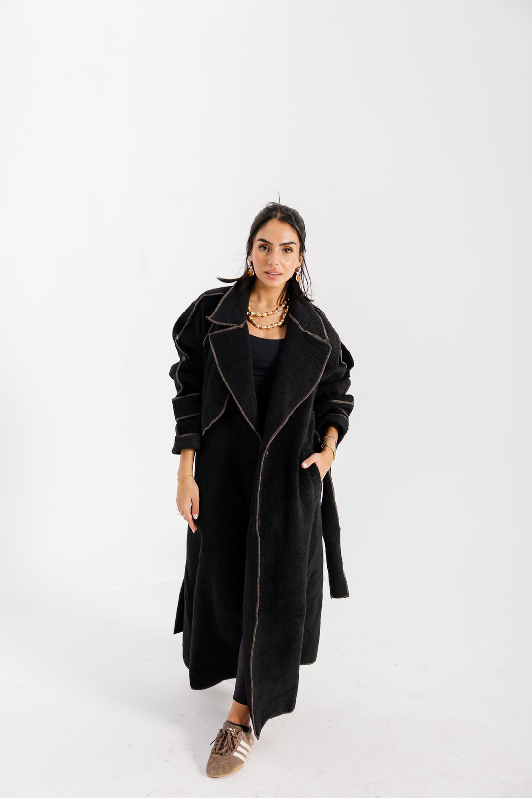 Stitched Wool Coat - Black