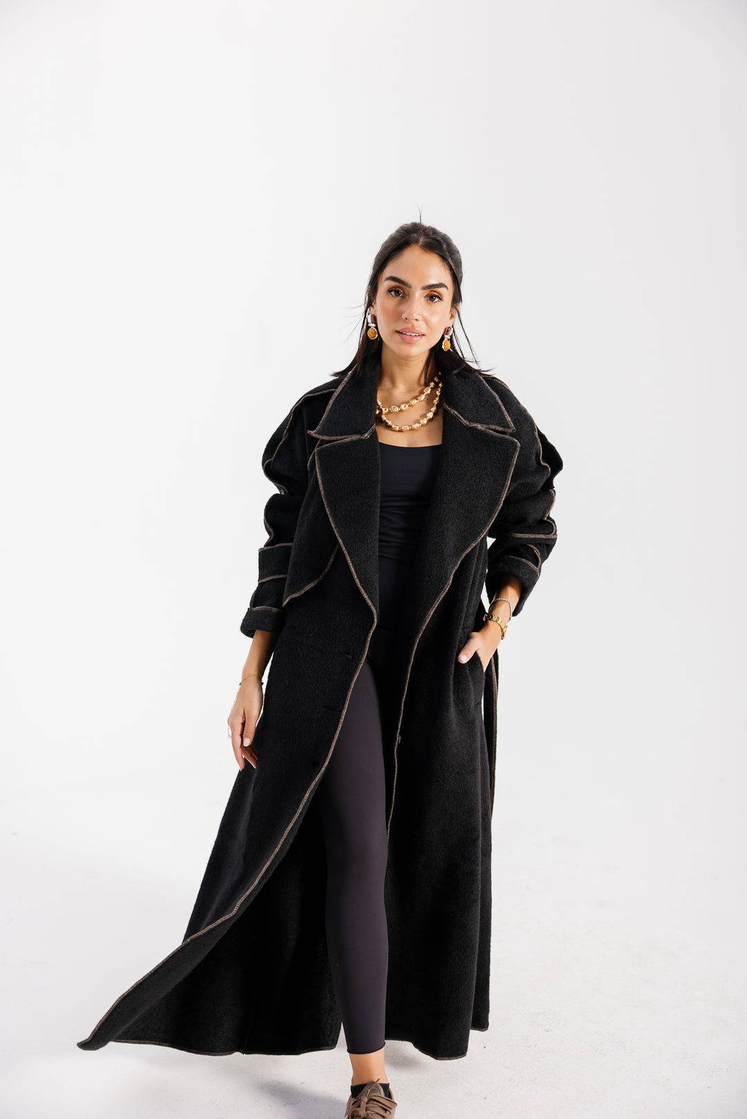 Stitched Wool Coat - Black