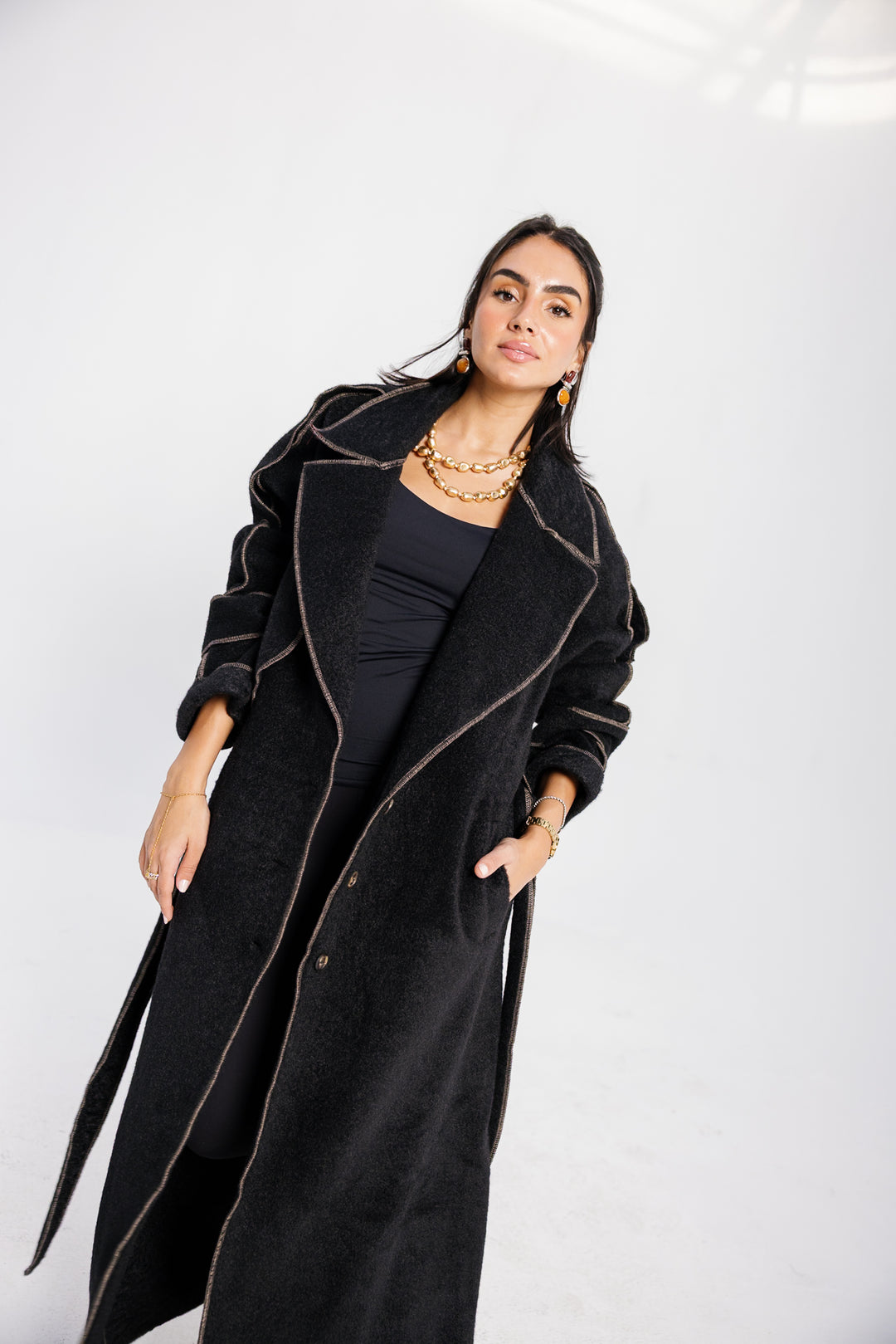 Stitched Wool Coat - Black