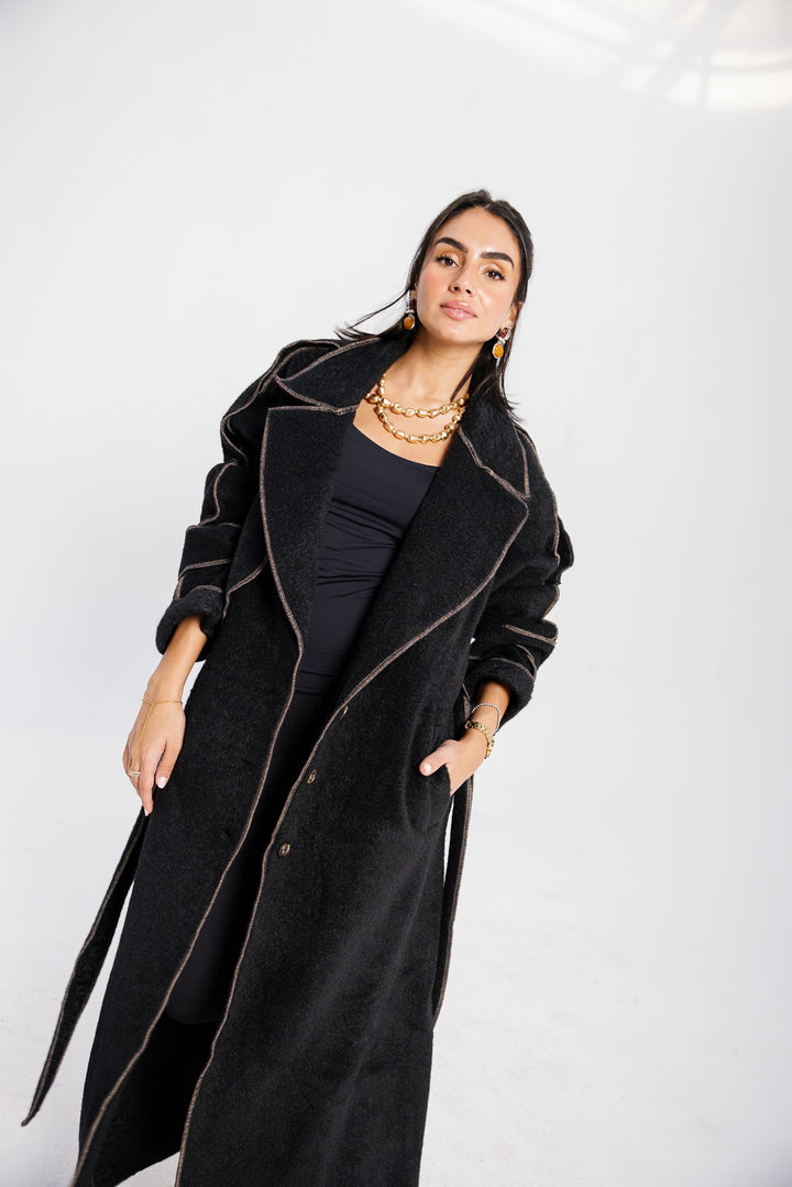 Stitched Wool Coat - Black