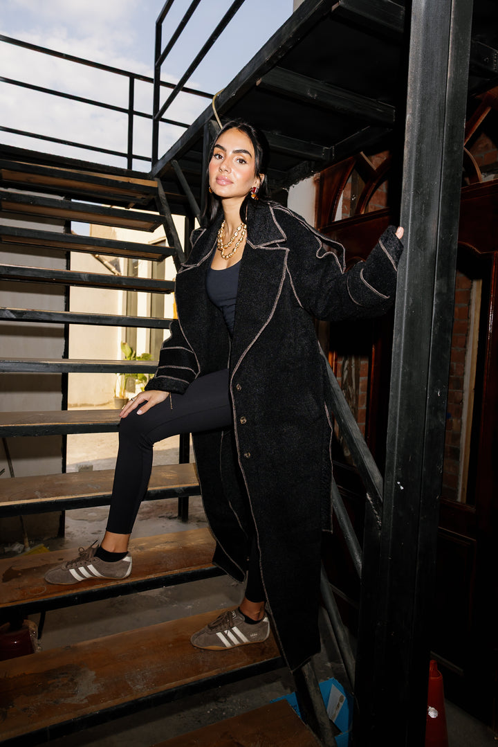 Stitched Wool Coat - Black