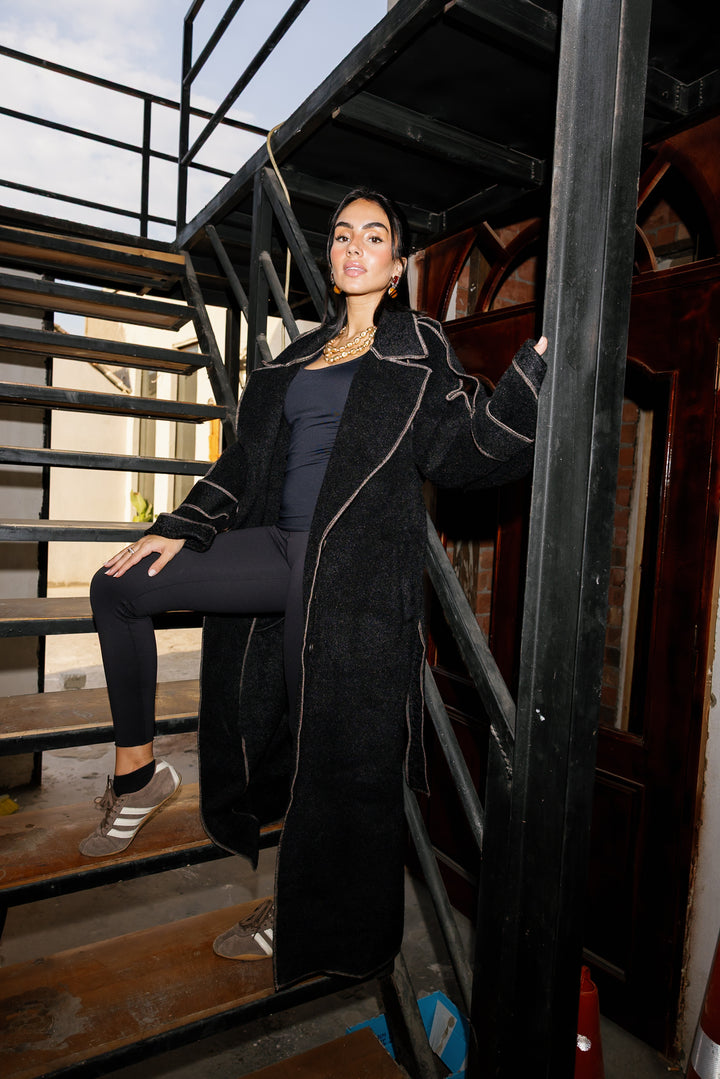 Stitched Wool Coat - Black