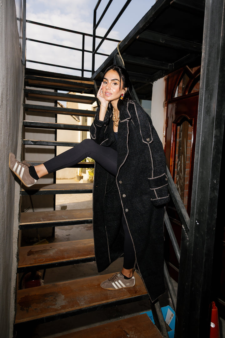Stitched Wool Coat - Black