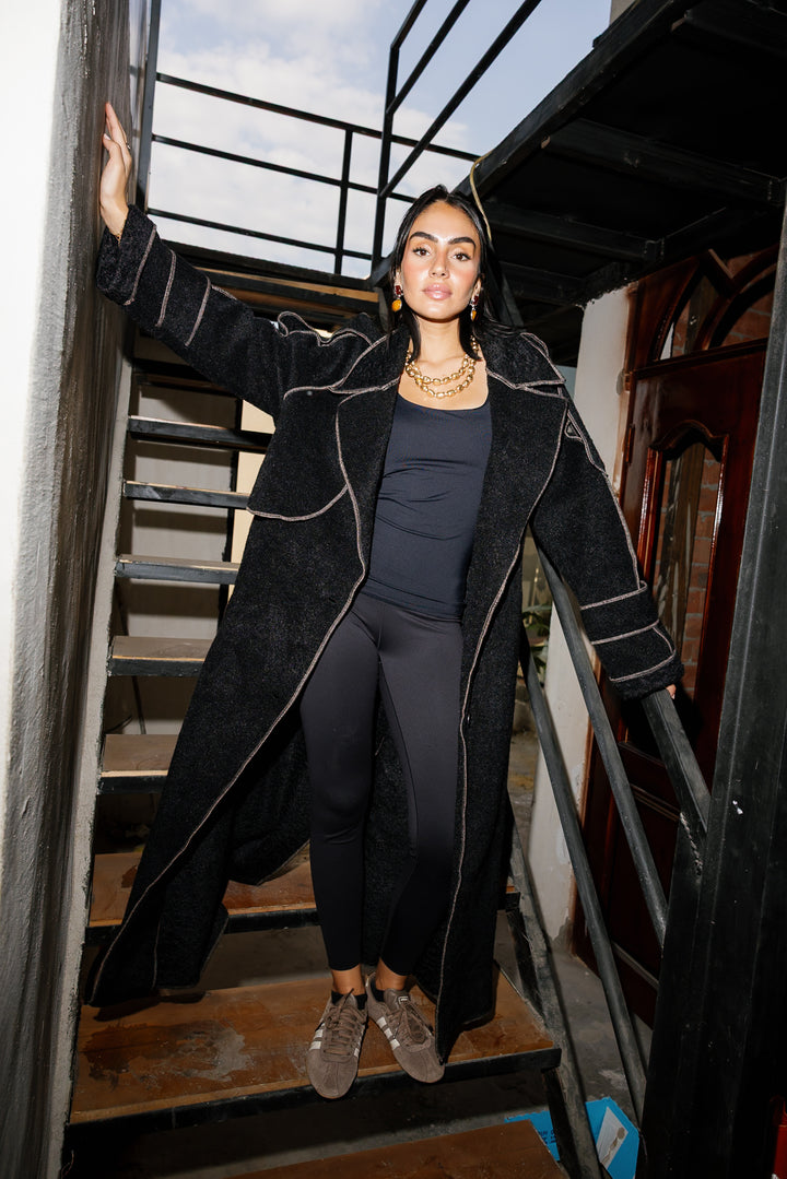 Stitched Wool Coat - Black