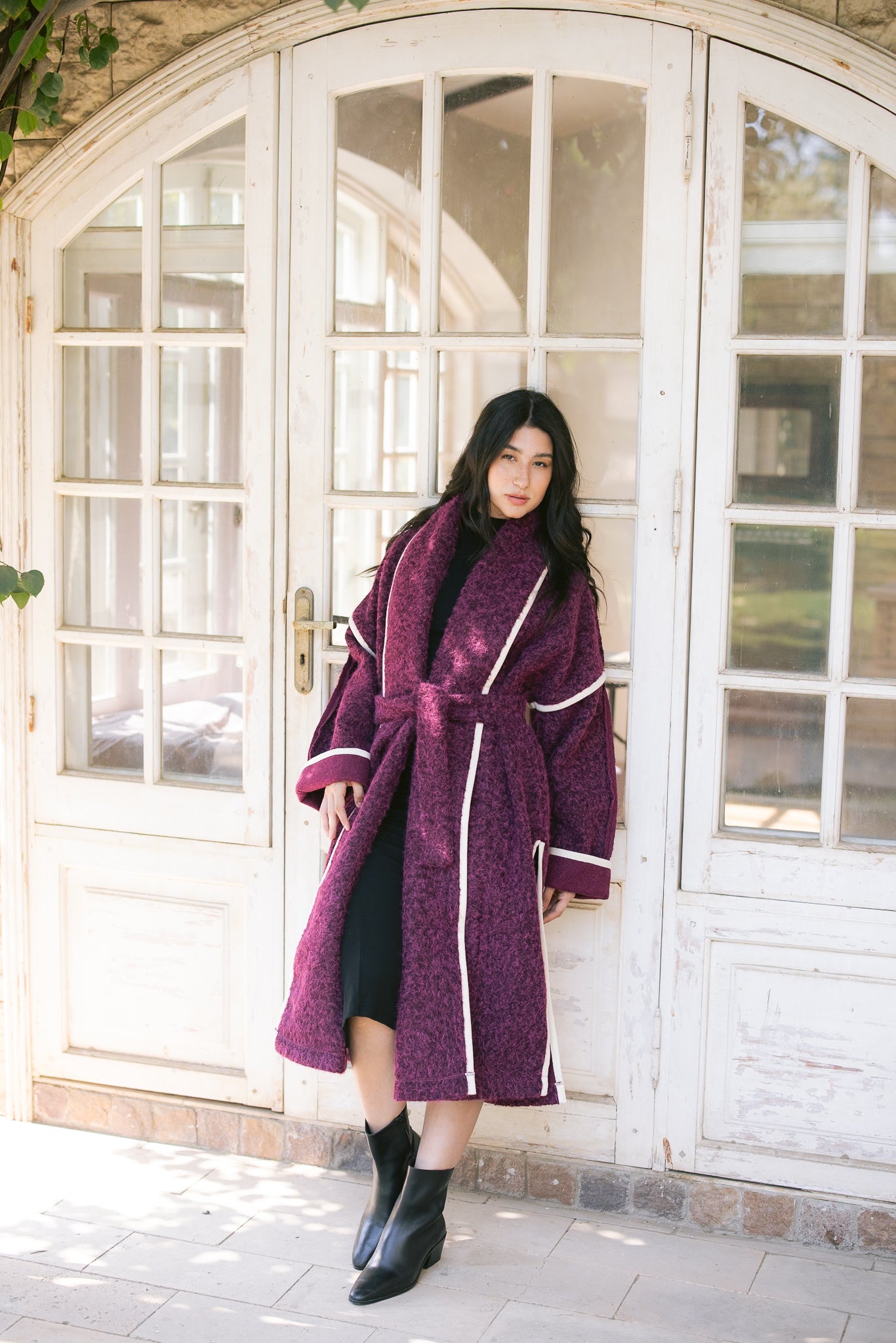 Edged Flipped Collar Coat - Burgundy