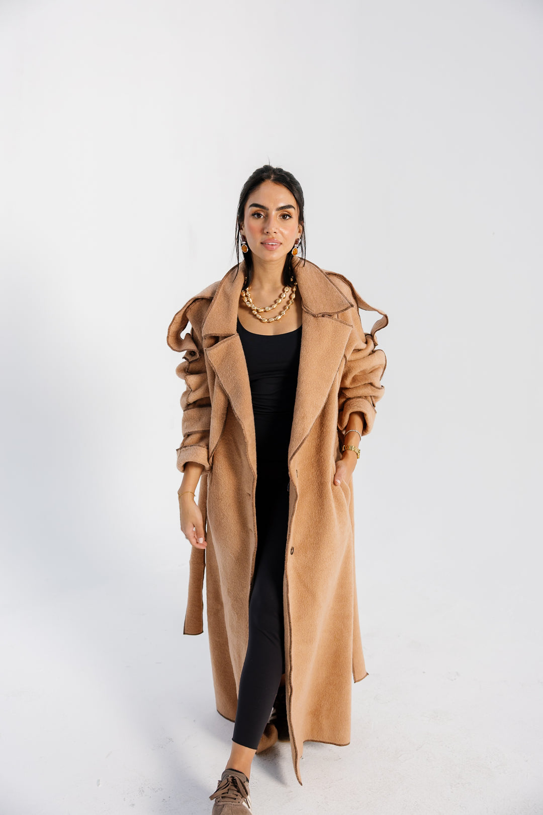 Stitched Wool Coat - Camel