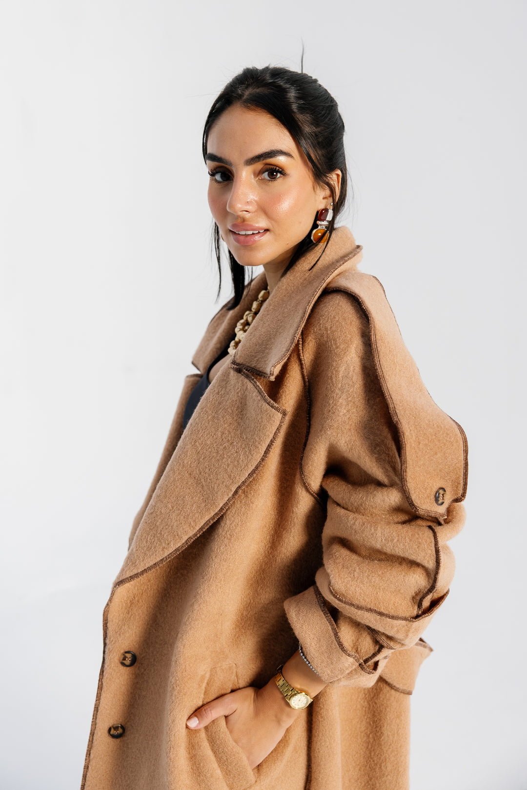 Stitched Wool Coat - Camel