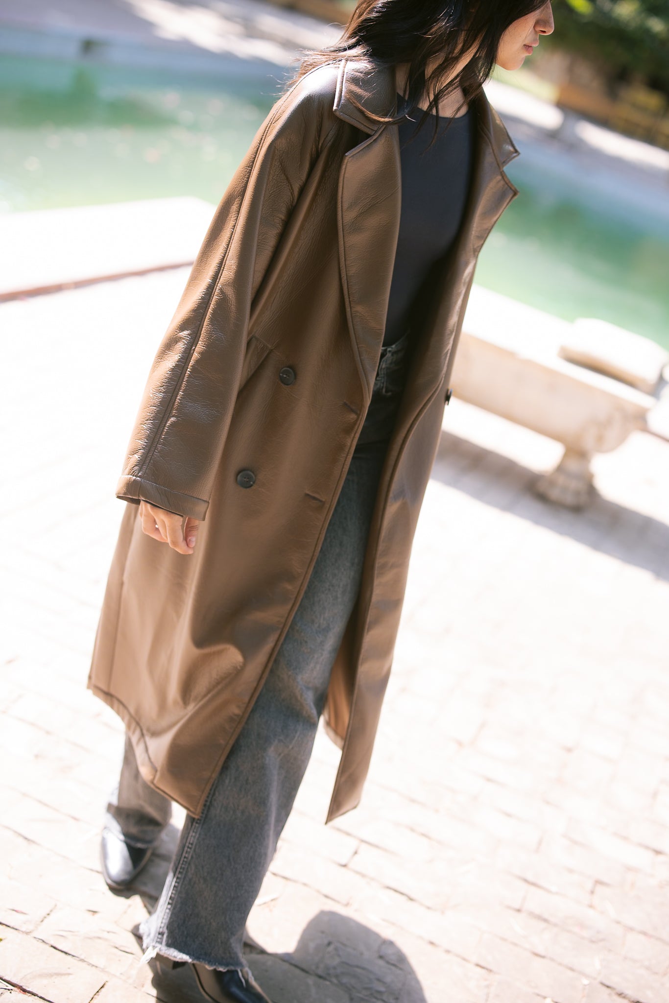 Double-Breasted Leather Coat - Brown