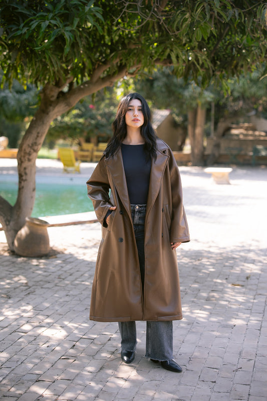 Double-Breasted Leather Coat - Brown