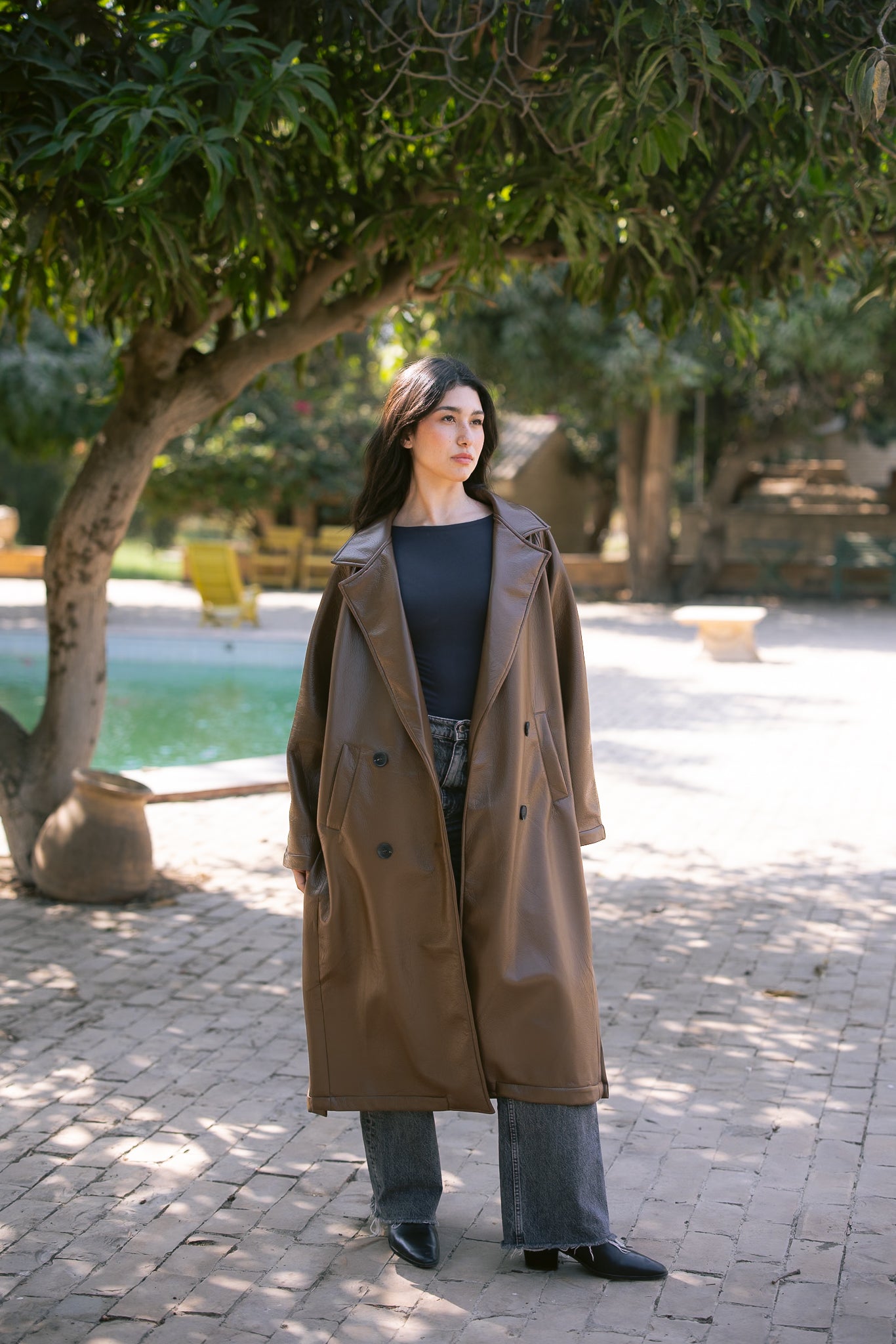 Double-Breasted Leather Coat - Brown