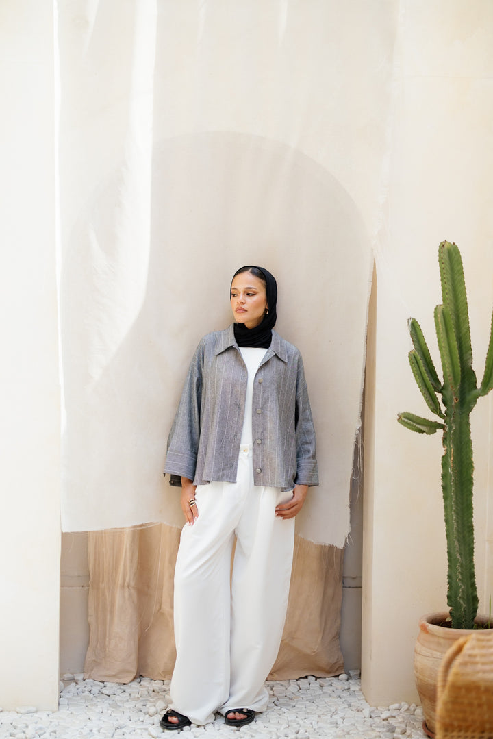 Striped Linen Shirt - Dark Grey