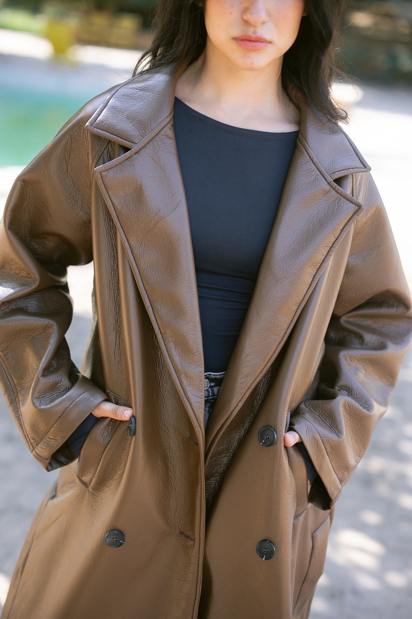 Double-Breasted Leather Coat - Brown