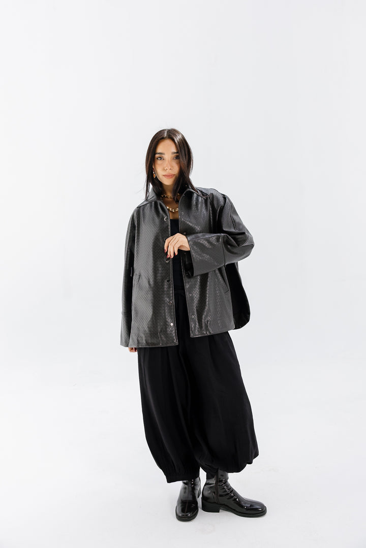 Interlaced Leather Jacket - Brown