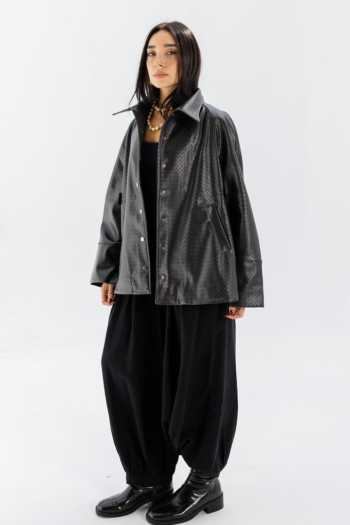 Interlaced Leather Jacket - Brown