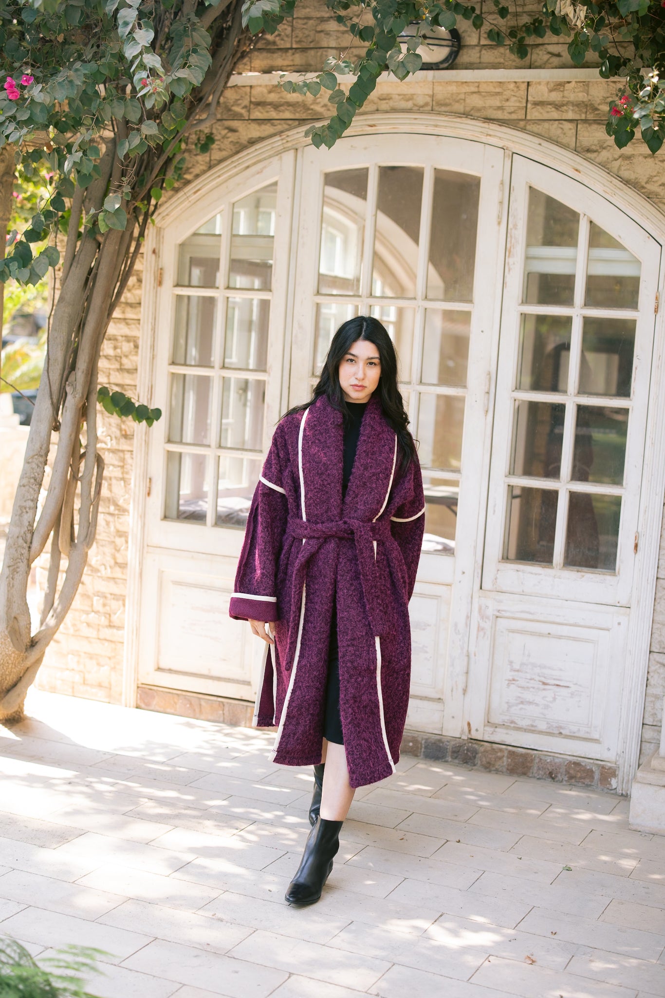 Edged Flipped Collar Coat - Burgundy