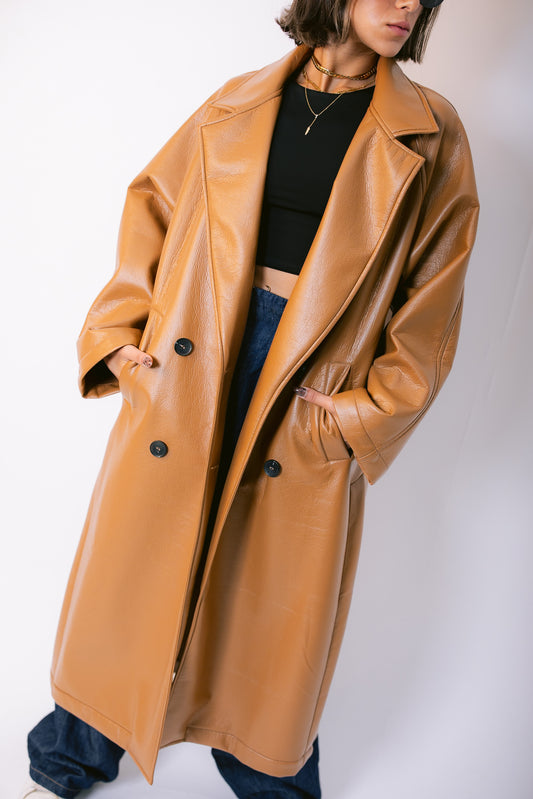 Double-Breasted Leather Coat - Camel