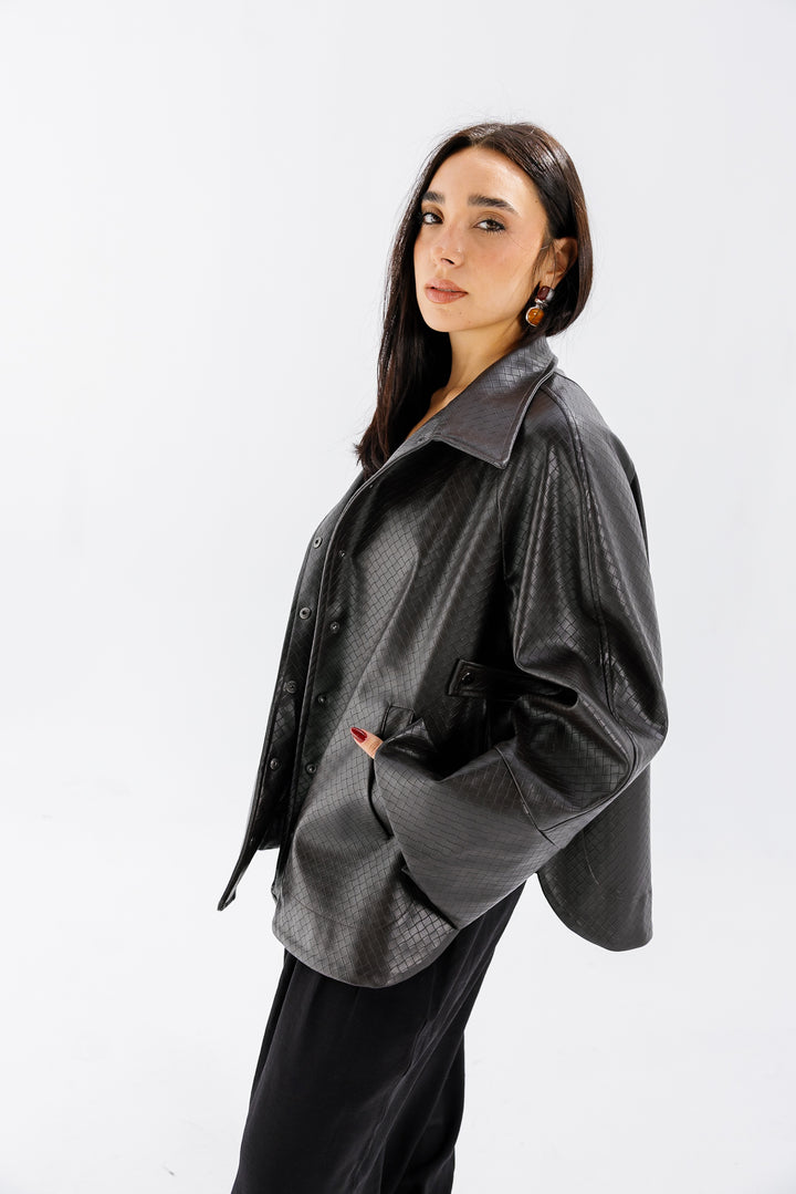 Interlaced Leather Jacket - Brown