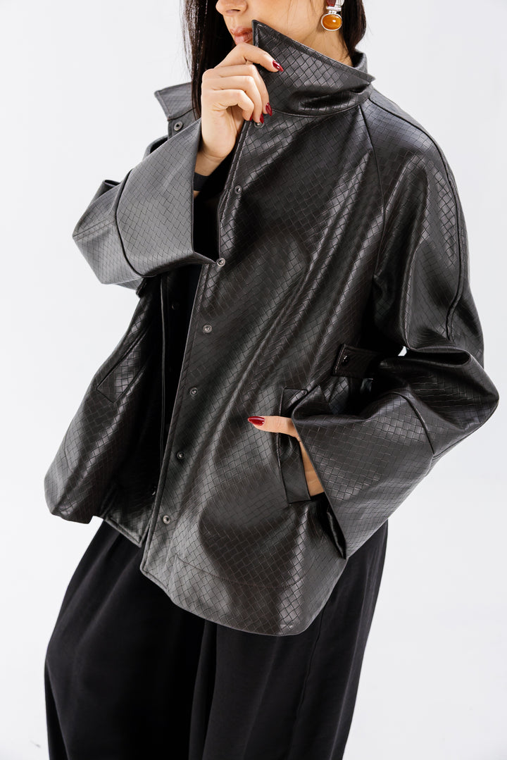 Interlaced Leather Jacket - Brown