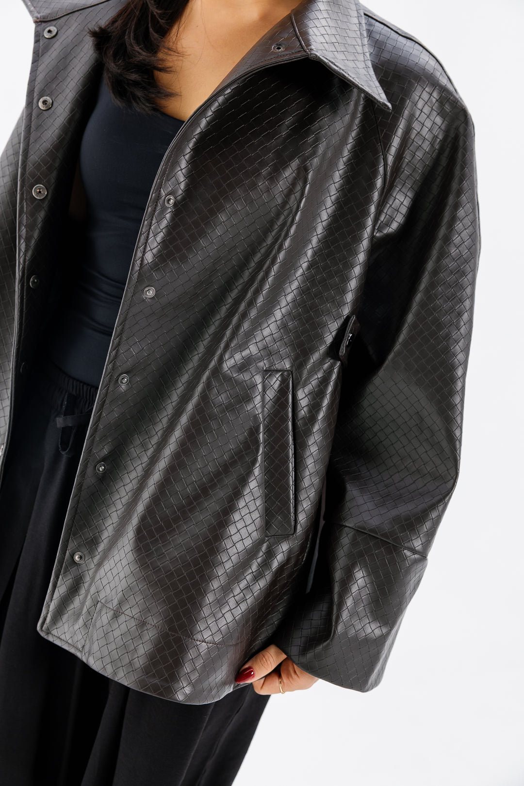 Interlaced Leather Jacket - Brown