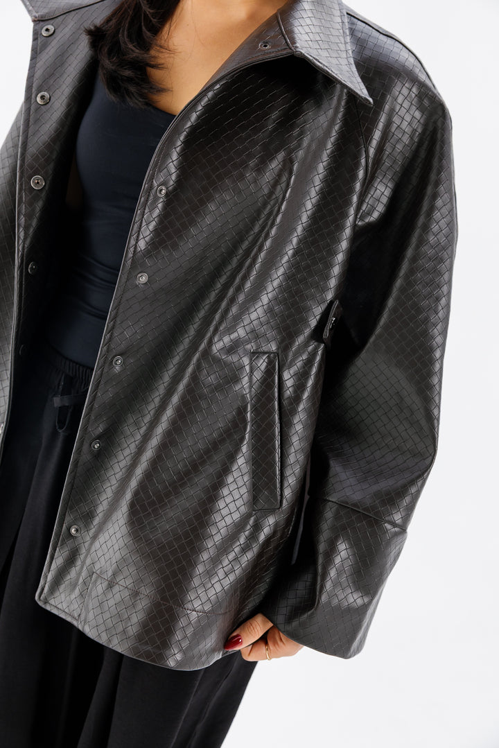 Interlaced Leather Jacket - Brown