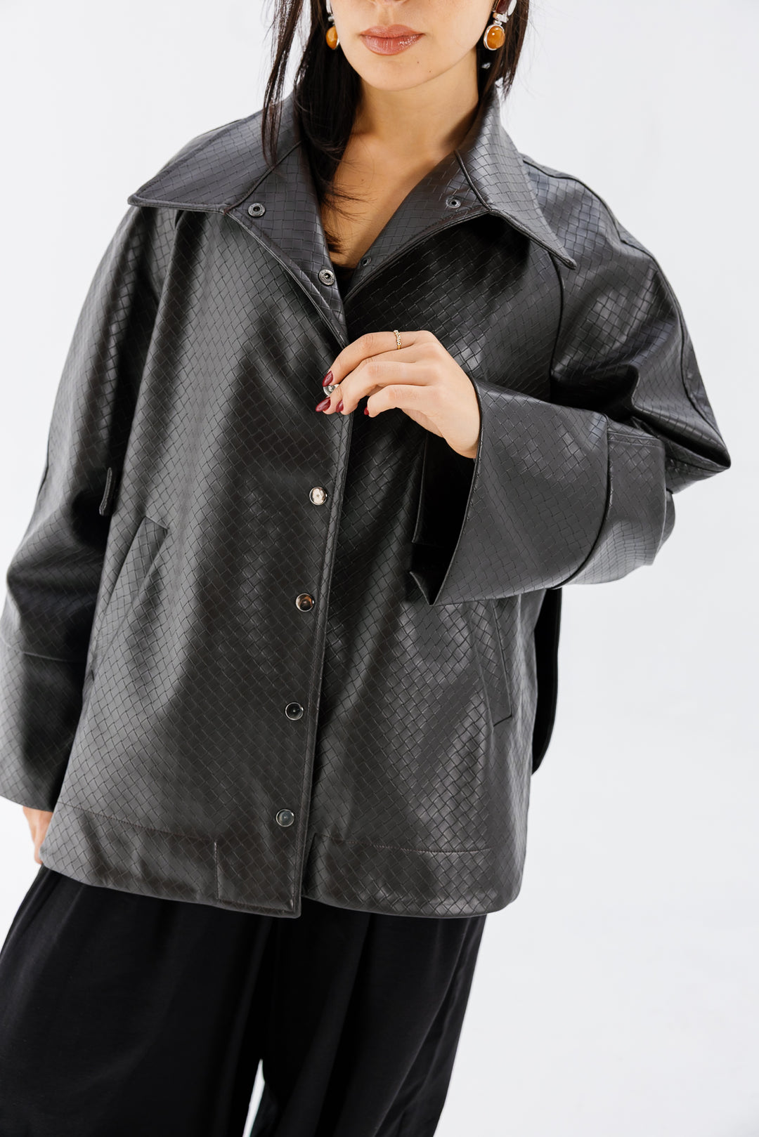 Interlaced Leather Jacket - Brown