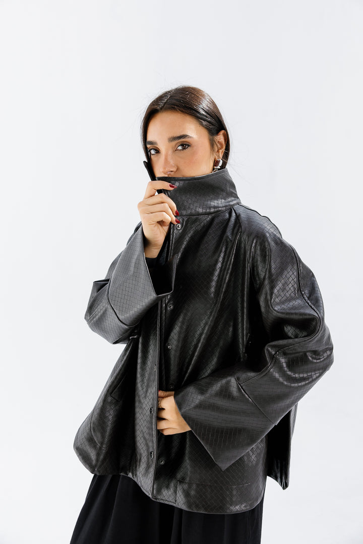 Interlaced Leather Jacket - Brown