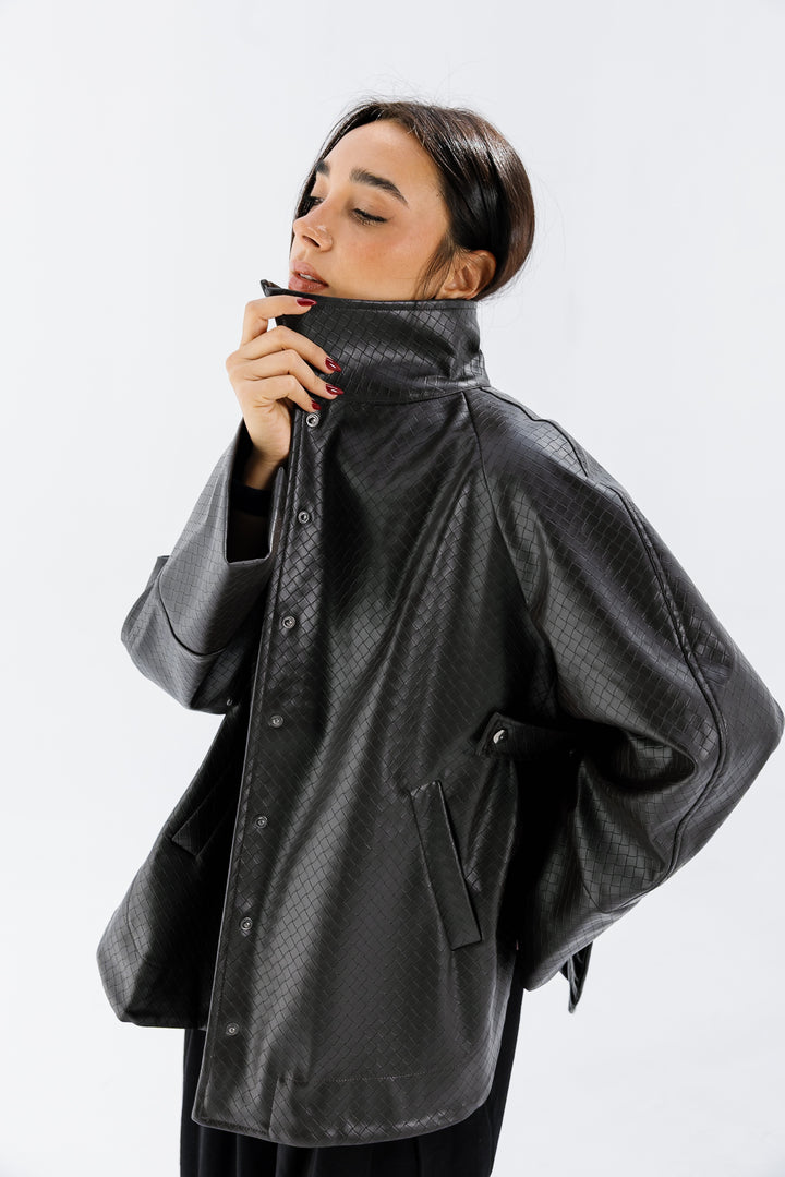 Interlaced Leather Jacket - Brown