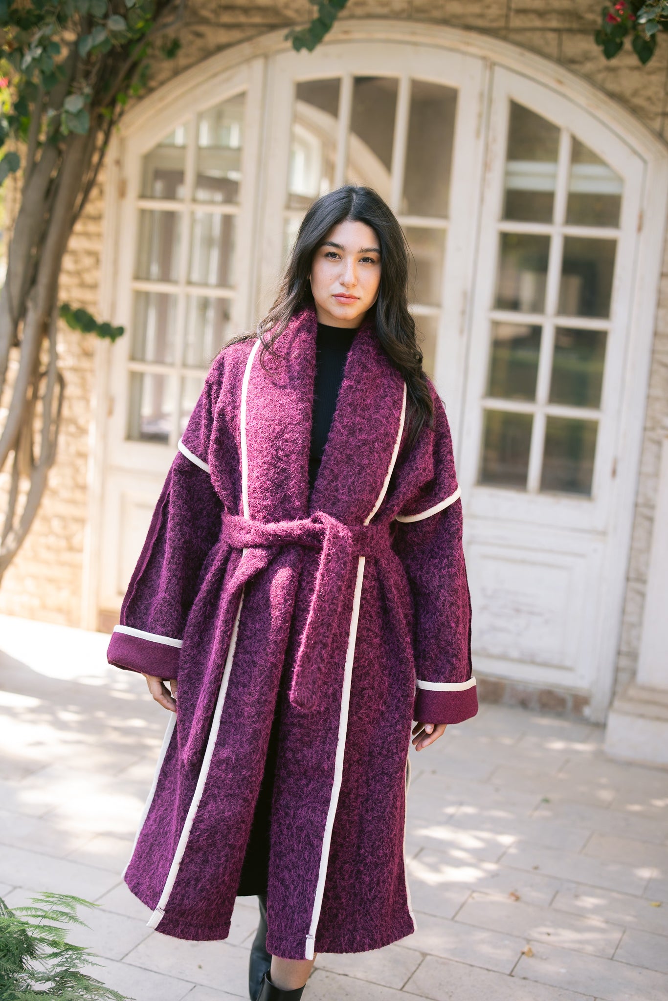 Edged Flipped Collar Coat - Burgundy