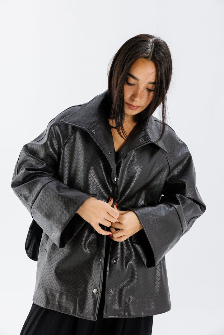 Interlaced Leather Jacket - Brown
