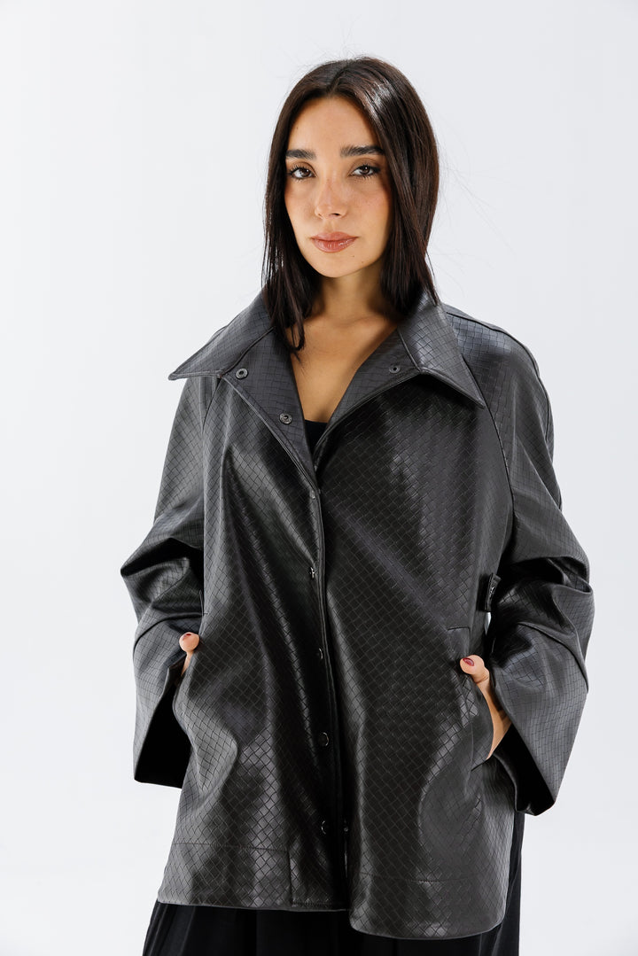 Interlaced Leather Jacket - Brown