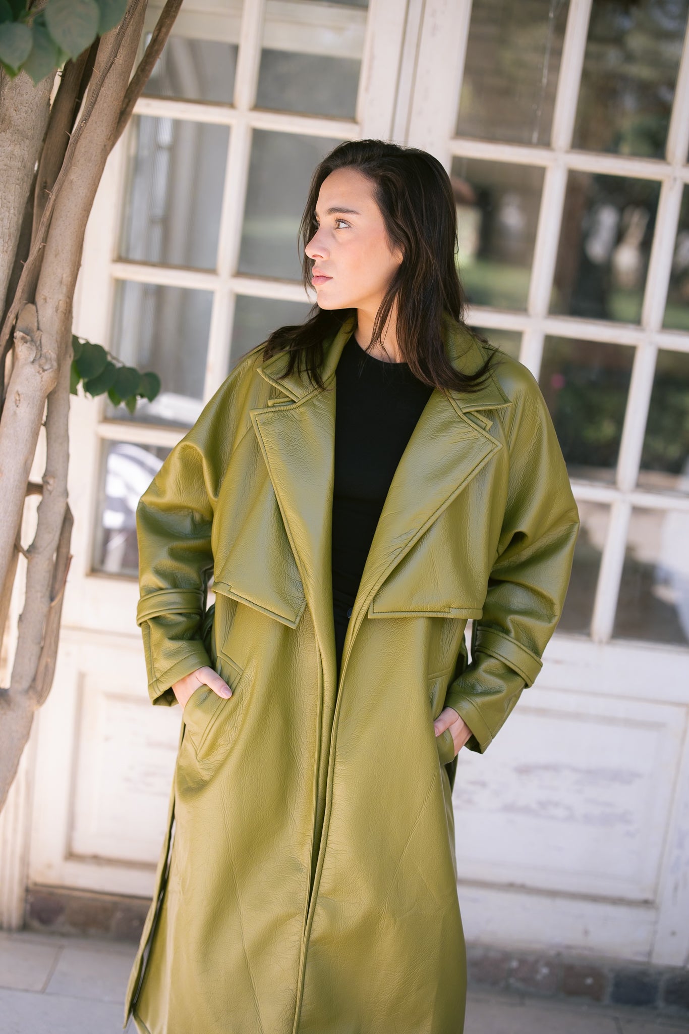 Leather Trench Coat - Avocado