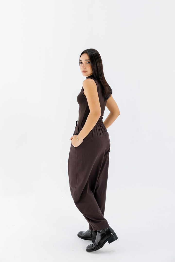 Wool Barrel Cut Pants - Brown