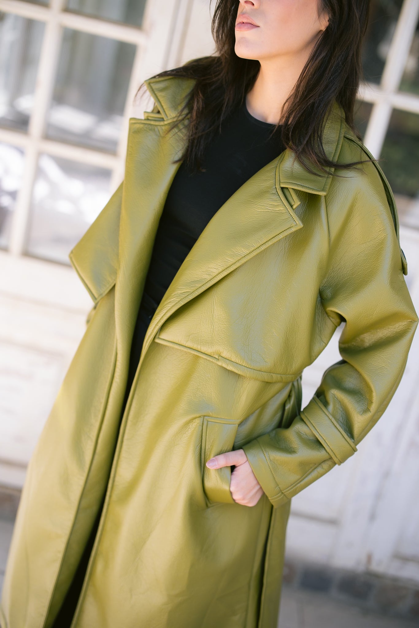 Leather Trench Coat - Avocado