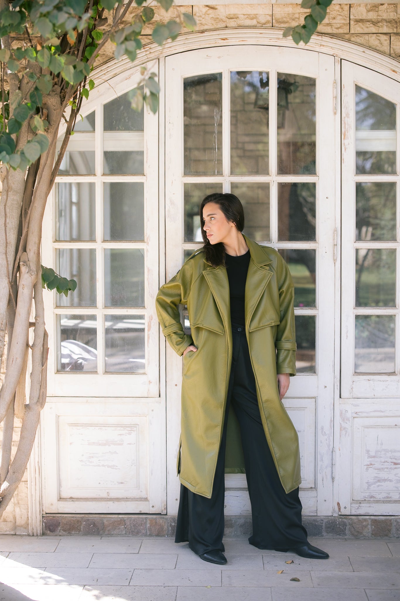 Leather Trench Coat - Avocado