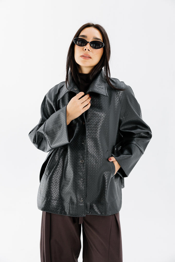 Interlaced Leather Jacket - Black