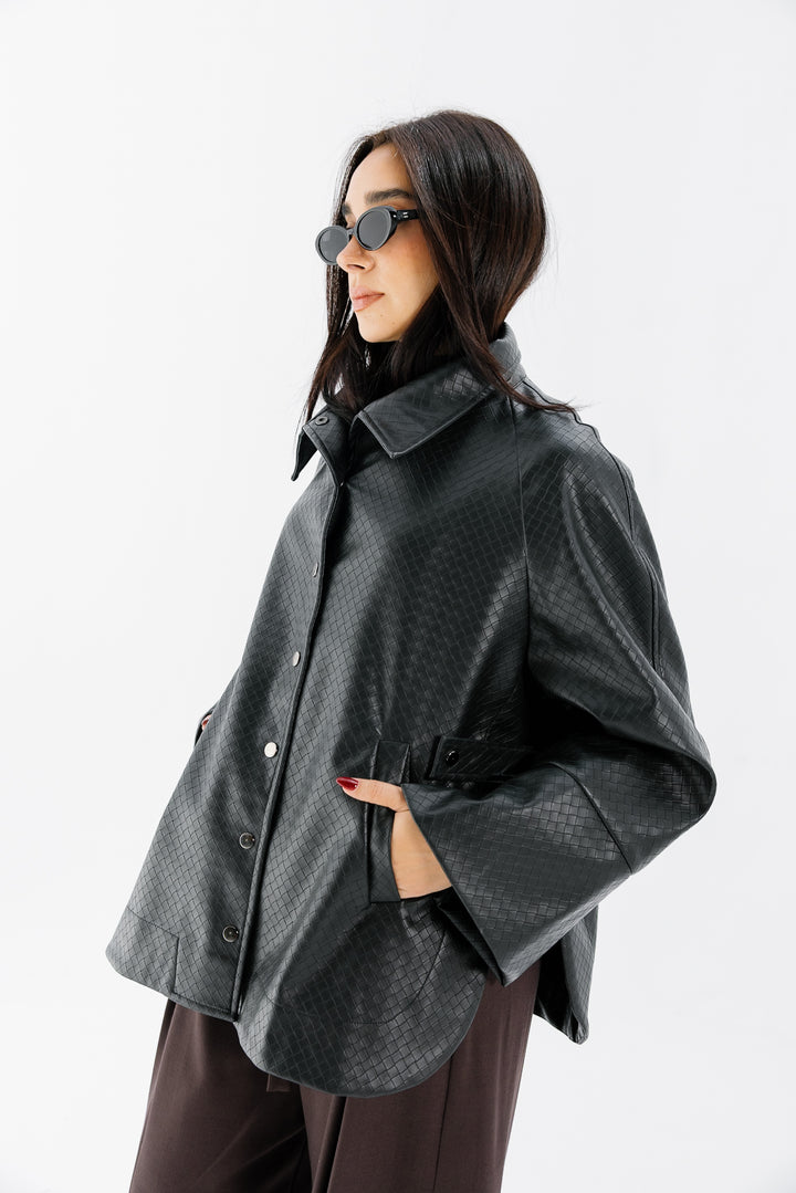 Interlaced Leather Jacket - Black