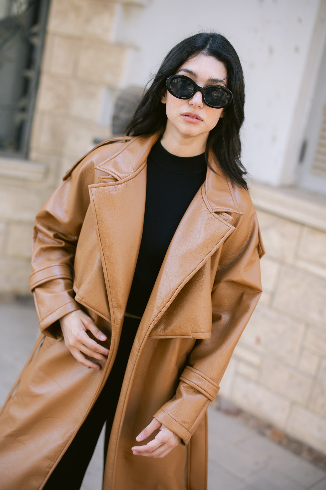 Leather Trench Coat - Camel