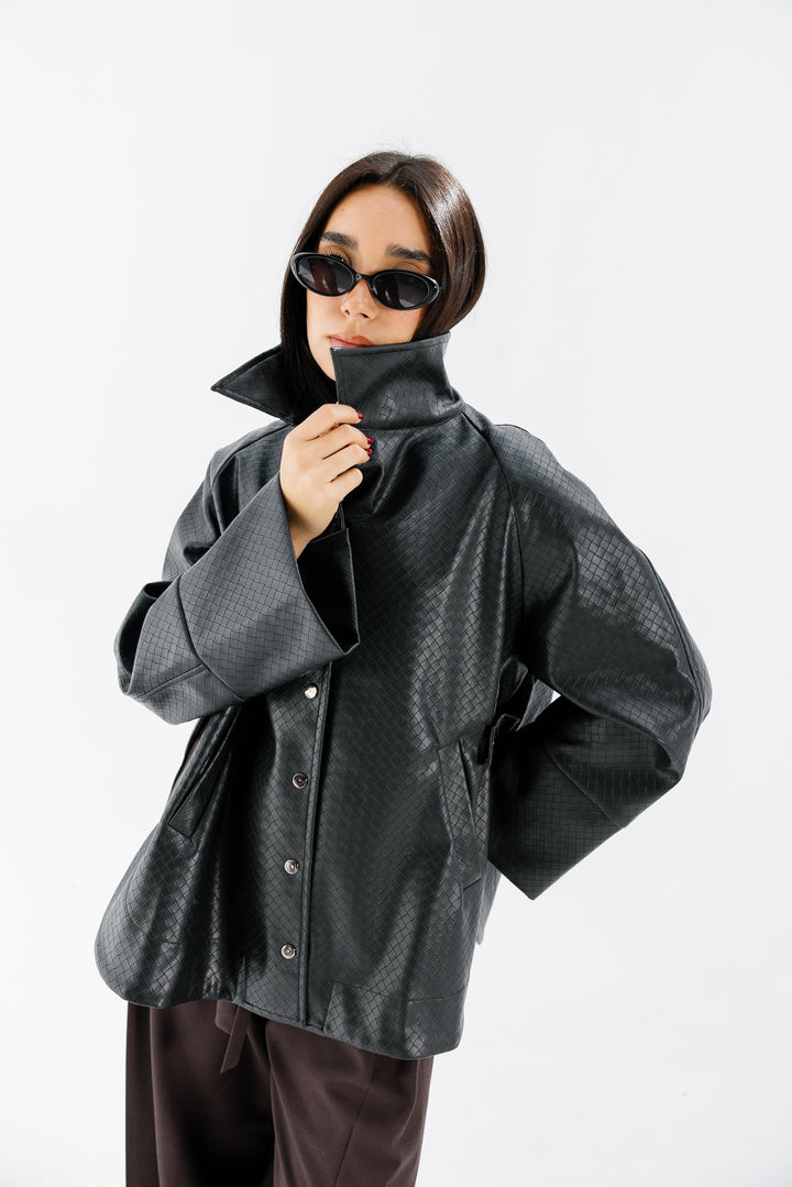 Interlaced Leather Jacket - Black