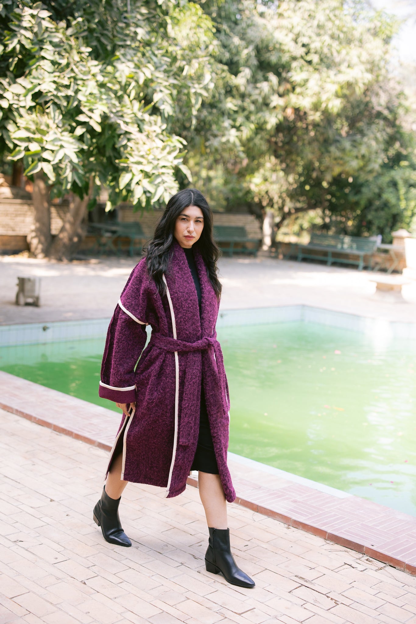 Edged Flipped Collar Coat - Burgundy