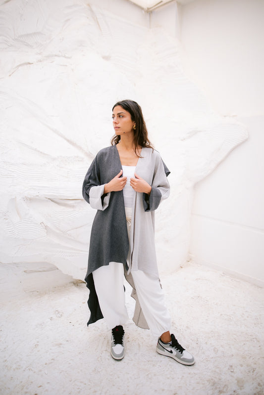 Dual Flowy Kimono - Light Grey/Dark Grey