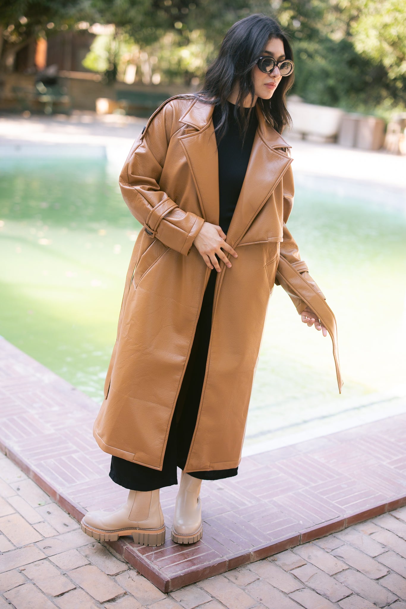 Leather Trench Coat - Camel