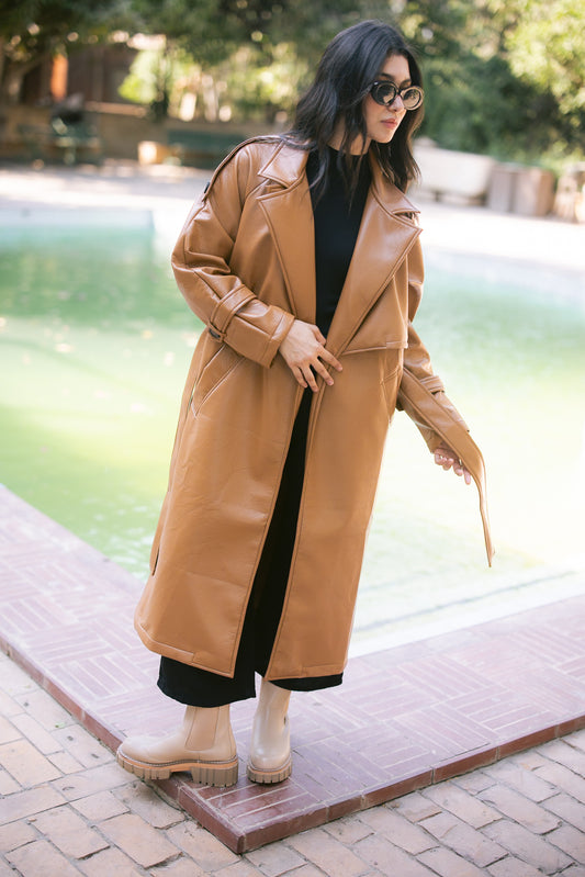 Leather Trench Coat - Camel