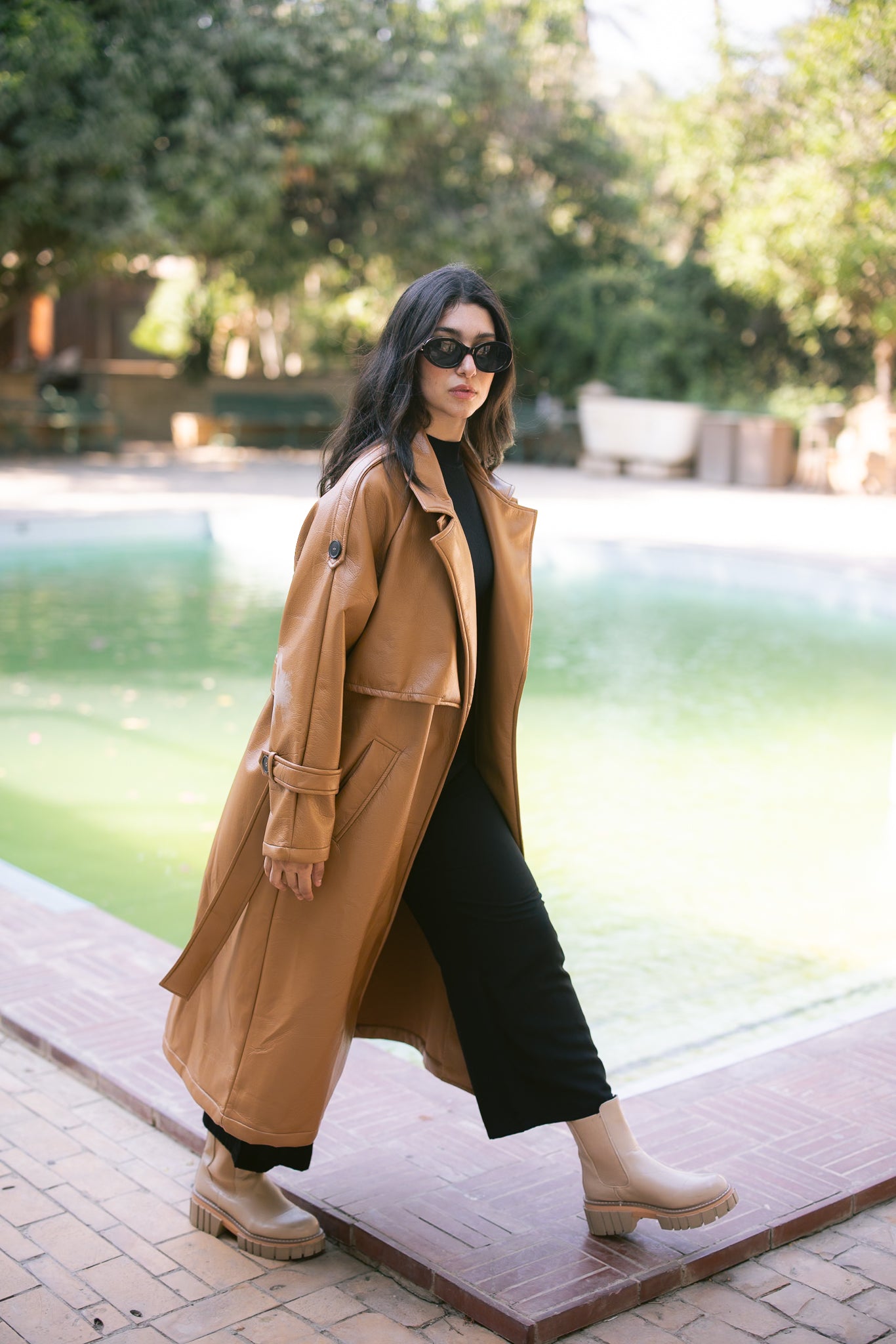 Leather Trench Coat - Camel