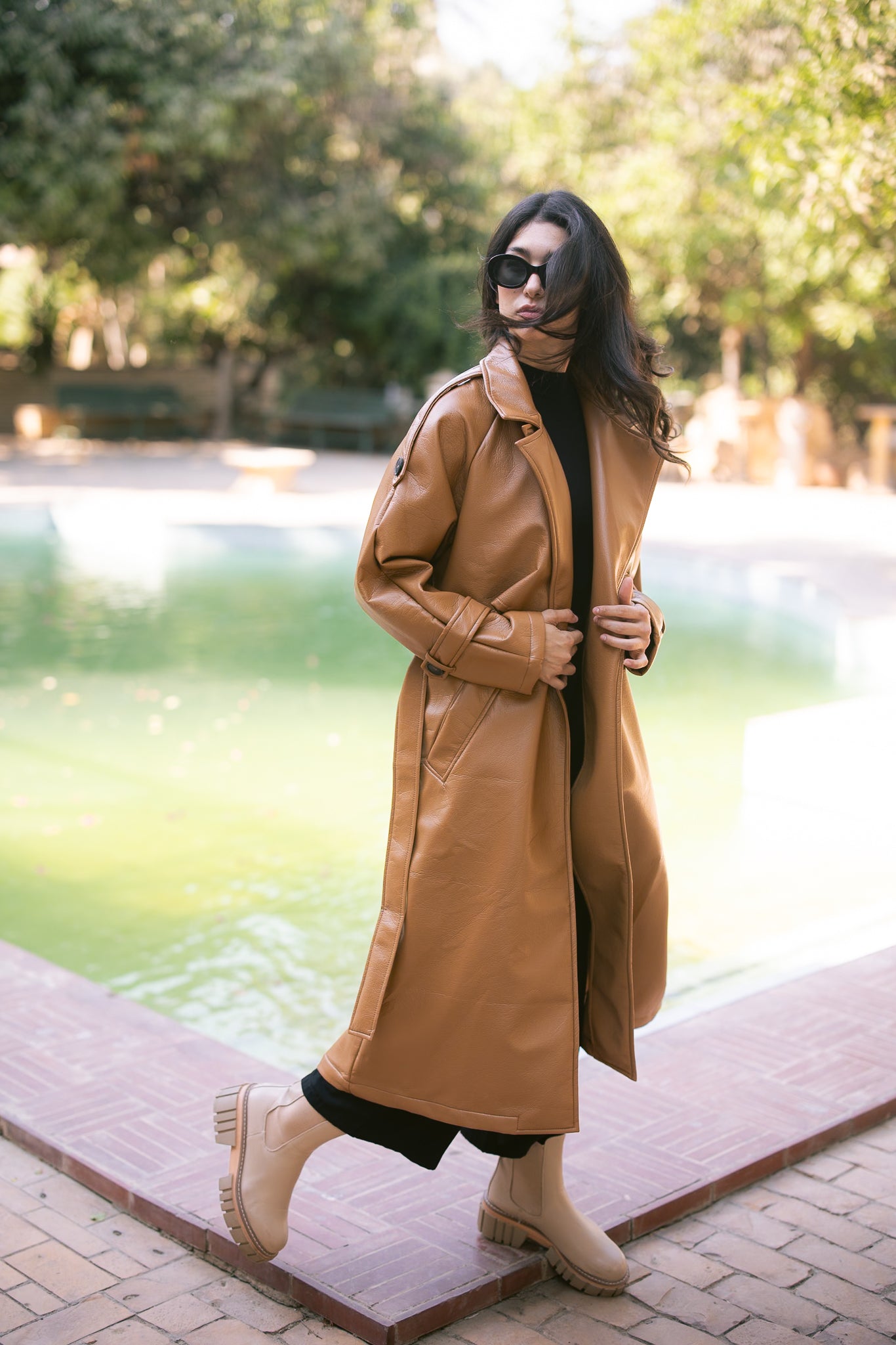 Leather Trench Coat - Camel