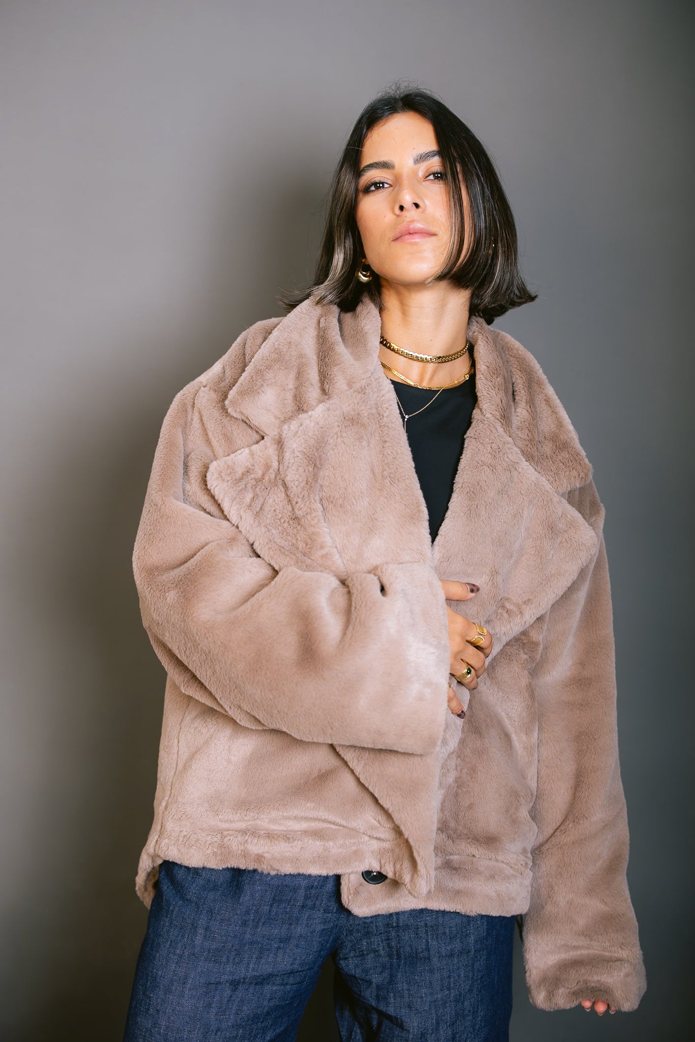 Faux Fur Jacket - Beige