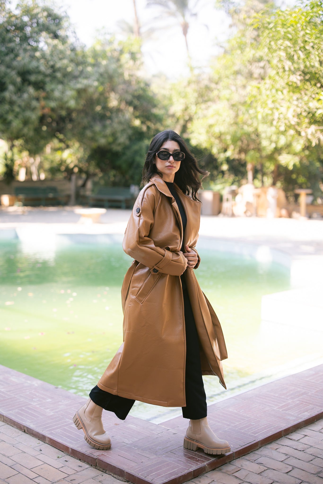 Leather Trench Coat - Camel