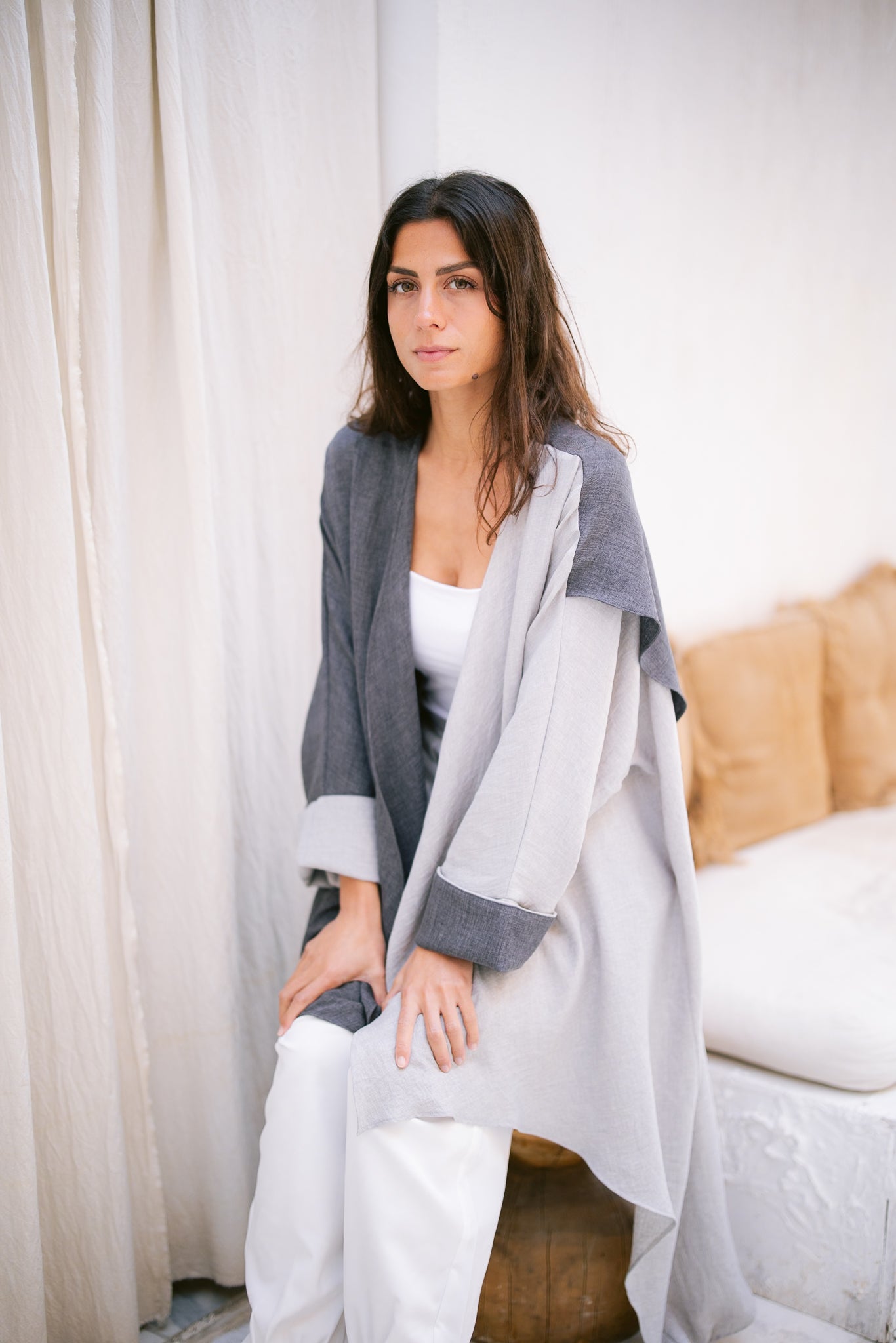 Dual Flowy Kimono - Light Grey/Dark Grey