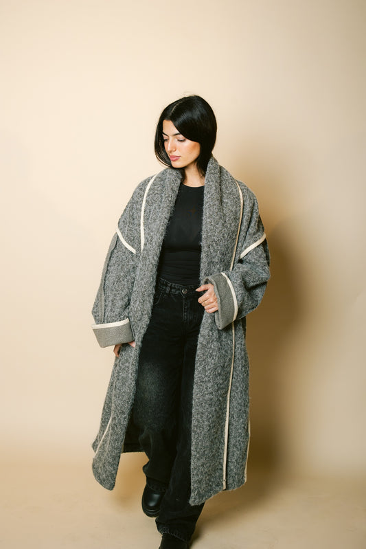 Edged Flipped Collar Coat - Light Grey